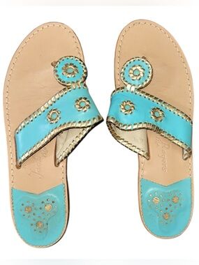 Jack Rogers Nantucket Gold Leather Jacks Sandals Whipstitch Caribbean Blue Sz 9